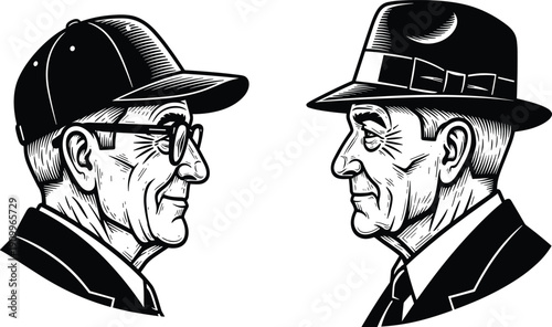 Vintage hand drawn elderly men portraits set, senior gentlemen in hats and glasses sketches, classic retro character engraving for nostalgic heritage design