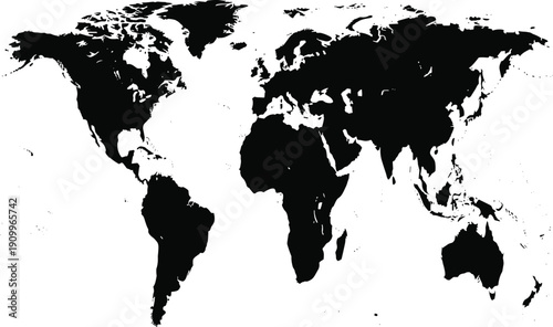 World map silhouette with global continents and oceans for geography travel and logistics concept cad drawing flat vector illustration for architectural presentation design