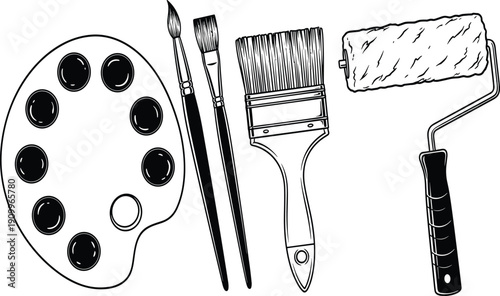 Black and white art supplies set, painting tools with palette brushes and paint roller, creative workshop flat vector icons for hobby design