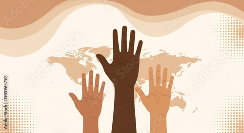 International Day for the Elimination of Racial Discrimination  showcasing multiple hands of varying skin tones raised together, symbolizing connection and shared humanity worldwide