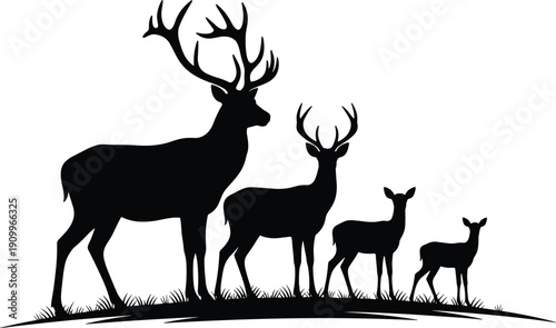 Deer family silhouette with buck stag doe and fawns in meadow, wild animal nature scene, cad drawing flat vector illustration, isolated icons