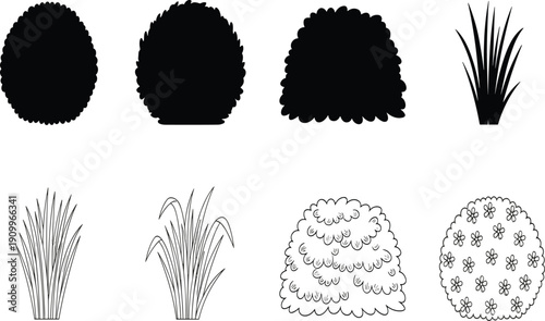 PrintGreen bush and garden grass silhouette collection with line art floral elements, cad drawing flat vector illustration, isolated on white background, landscaping set