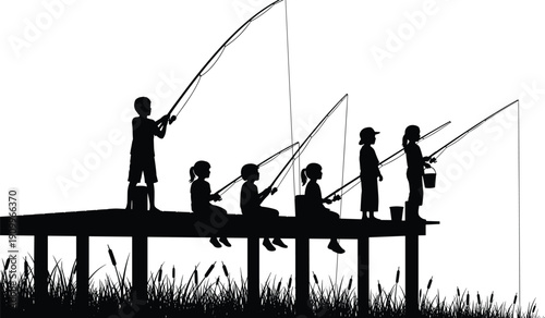 Group of children silhouette fishing on wooden pier with rods and buckets cad drawing flat vector illustration for summer outdoor activity concept