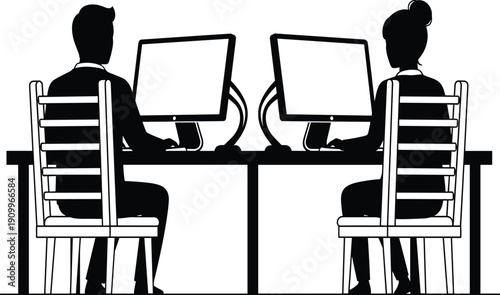 Man and woman sitting at desks working on computers in office silhouette cad drawing flat vector illustration for coworking space and business concept,