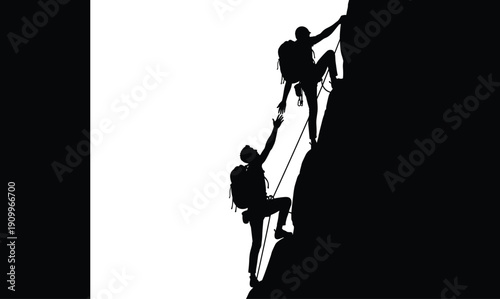 Mountain climber silhouette helping partner reach summit during extreme rock climbing adventure cad drawing flat vector illustration for teamwork and leadership success concept