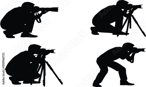 Professional photographer silhouette set with camera and tripod taking photos in different poses cad drawing flat vector illustration for media and hobby concept