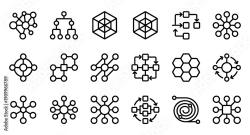 Collection of black outline icons representing technology concepts like networking, data flow, organizational charts, and complex systems in a clean minimalist vector style