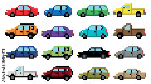 Sixteen colorful pixel art cars and trucks in a retro 8-bit video game style, featuring various models like sedans, SUVs, and pickups shown in a simple side profile