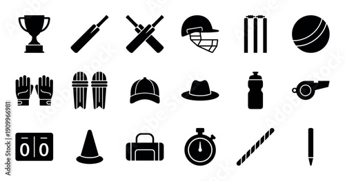 Set of black silhouette cricket sport icons showing equipment and accessories for the game like a bat, ball, helmet, wicket, pads, and trophy in a minimalist graphic style