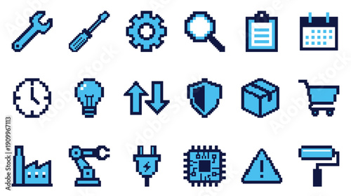 Set of blue pixel art icons for business, industry, and technology concepts in a retro 8-bit video game style, featuring tools, robotics, and e-commerce symbols