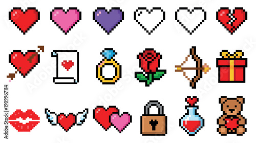 Set of pixel art love icons for Valentine's Day featuring hearts, a rose, a diamond ring, a teddy bear, and other romantic symbols in a retro 8-bit video game style