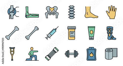 Colorful set of medical line art icons for orthopedics and rheumatology, illustrating human bones, joints, injuries, treatments, and physical therapy rehabilitation