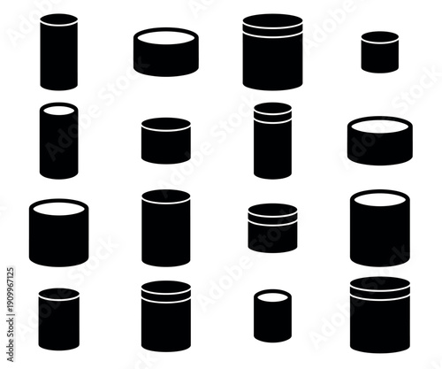 Set of black cylinder container icons in various shapes and sizes, a minimalist graphic collection of can, jar, and tube silhouettes representing product packaging