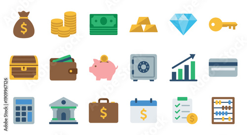Large collection of colorful finance icons representing money, banking, investment, and wealth in a simple flat design style with various business and economy symbols