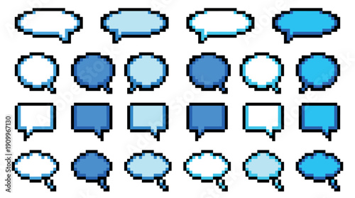 Collection of blue pixel art speech bubbles in various shapes like circles, squares, and clouds for retro video game dialogue or chat interfaces