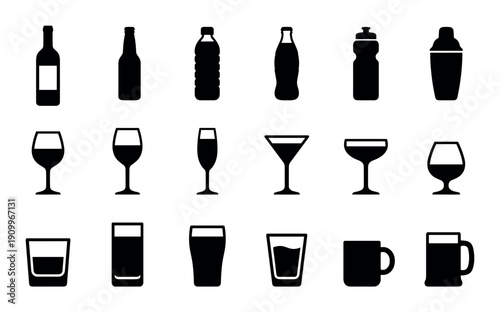 Collection of black silhouette drink icons featuring various bottles, glasses, and mugs for different beverages like wine, beer, and cocktails in a minimalist graphic style