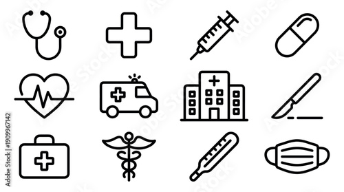 Set of twelve black line art medical icons representing healthcare and emergency services, including a stethoscope, syringe, ambulance, hospital, pill, and caduceus symbol