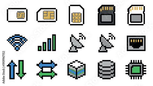 Set of fifteen pixel art icons representing technology, communication, data storage, and networking concepts like SIM cards, servers, CPUs, and satellite signals in a retro 8-bit style