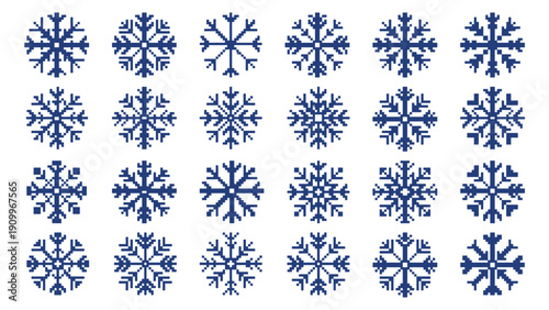 Set of blue pixel art snowflakes with various geometric patterns for winter holiday decoration, featuring a collection of unique symmetrical ice crystal designs in an 8-bit style