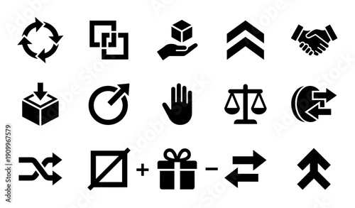 Collection of black glyph icons representing business, logistics, and user interface concepts like exchange, delivery, agreement, and navigation in a minimalist flat style