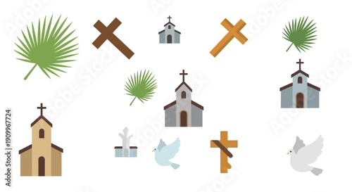 A collection of religious symbols including churches, crosses, palm fronds, and doves, representing faith and spirituality.