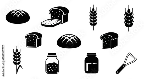 A collection of black and white icons representing various baked goods, grains, and related items, including loaves of bread, jars, and wheat stalks.