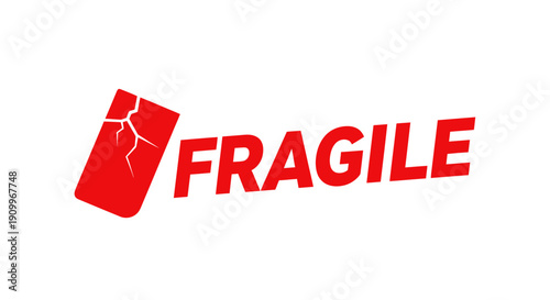 Fragile Warning Label Symbol Red Cracked Glass Effect.