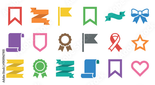 Colorful collection of flat vector icons featuring various ribbons, banners, bookmarks, awards, and symbols for graphic design, presented in a neat grid arrangement