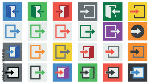 Large collection of colorful login and logout icons arranged in a grid, featuring various flat design styles with arrows and doors for enter and exit user interface elements