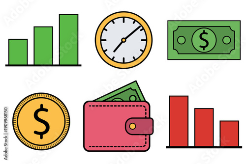 Set of colorful flat vector business and finance icons. Growth graph, clock, money dollar, coin, wallet and down graph on transparent background PNG