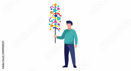 A man holding a colorful party popper against a clean white background with a playful mood.