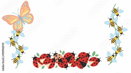 Insects Ladybugs Bees Butterfly Illustration 1. Spring Vector Packs. EPS Editable
