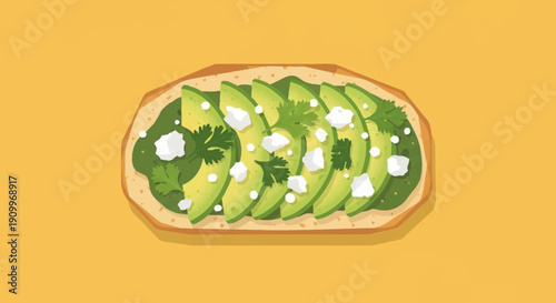 Avocado Toast Illustration with Feta Cheese and Cilantro on Yellow Background