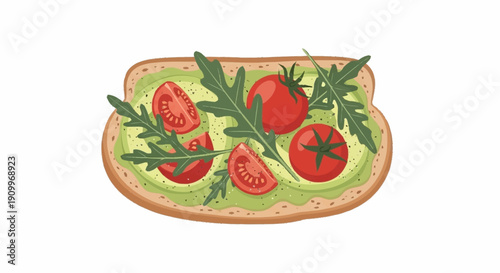 Avocado Toast Illustration with Fresh Tomatoes and Arugula