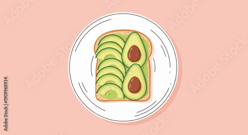 Avocado Toast Illustration with Sliced Avocado on a Plate on Pink Background