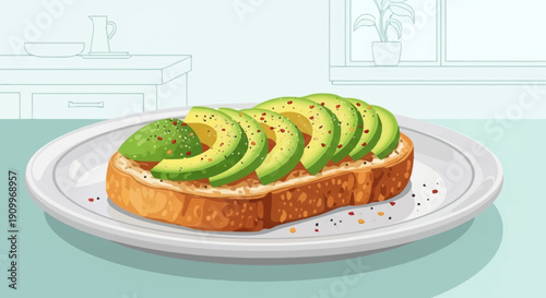 Avocado Toast on a Plate with Sliced Avocado and Spices