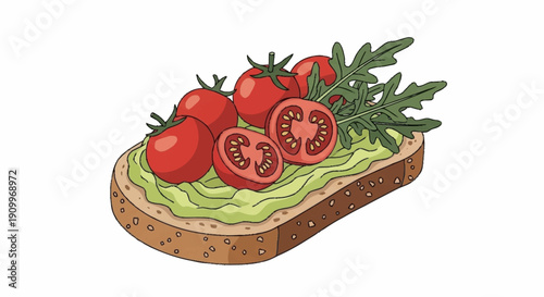 Avocado Toast with Fresh Tomatoes and Arugula on White Background