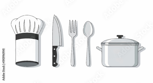 Chef's Hat, Kitchen Knife, Fork, Spoon, and Cooking Pot - Essential Cookware Set