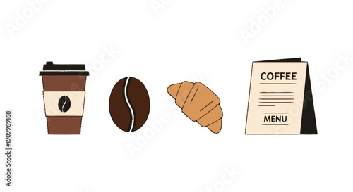 Coffee Shop Icons: Takeaway Cup, Coffee Bean, Croissant, and Menu Board