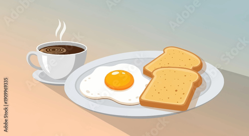 Delicious Breakfast with Sunny Side Up Egg, Toasted Bread, and Hot Coffee