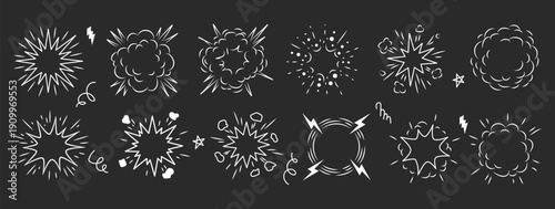 Comic Style Graphic Elements: An artistic collection of hand-drawn comic explosions, bursts, and dynamic elements, perfect for illustrating action, impact, and dramatic effects.