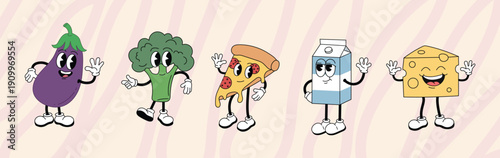 Joyful Food Friends: A delightful group of animated food characters, including an eggplant, broccoli, pizza slice, milk carton, and cheese, are waving hello.