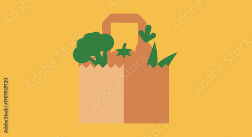 Eco-Friendly Grocery Bag with Fresh Organic Produce on Solid Ochre Background
