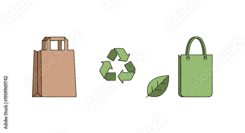 Eco-Friendly Shopping: Recyclable Paper Bag, Cloth Tote, and Recycling Symbol with Leaf