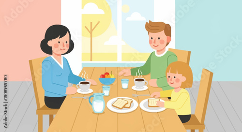 Family Having Breakfast at Home: Morning Meal with Parents and Child
