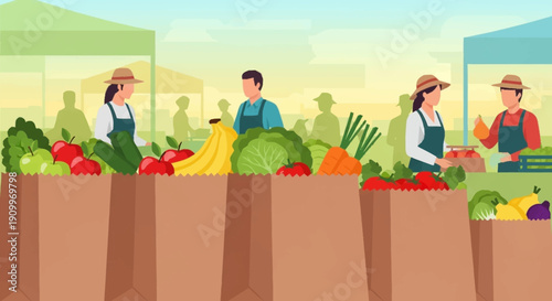 Farmers Market with Fresh Produce and Vendors in Brown Paper Bags - Organic Food Sales