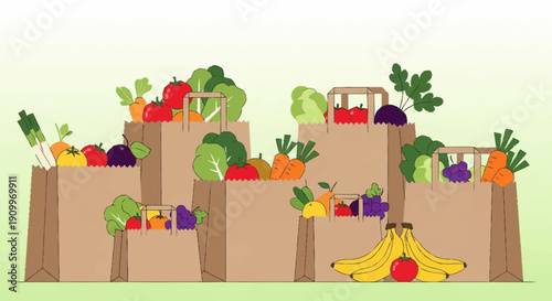 Fresh Produce in Brown Paper Bags - Colorful Organic Fruits and Vegetables Illustration