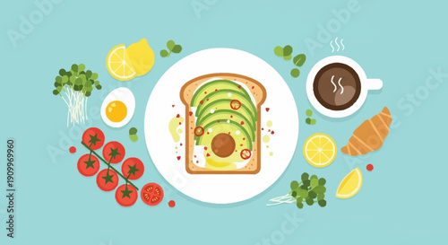 Healthy Avocado Toast Breakfast Illustration with Coffee and Fresh Ingredients