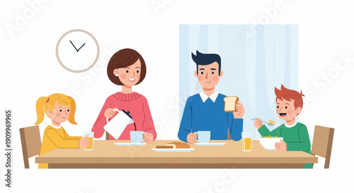 Happy Family Breakfast at Home - Parents and Kids Enjoying Morning Meal Together