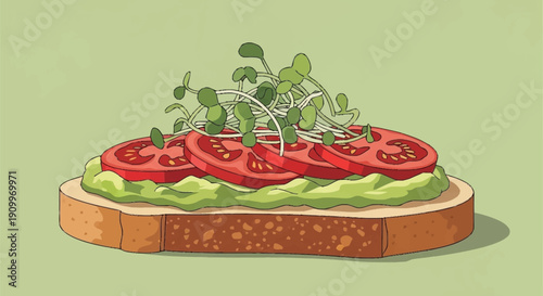 Healthy Avocado Toast with Fresh Tomatoes and Sprouts on Green Background